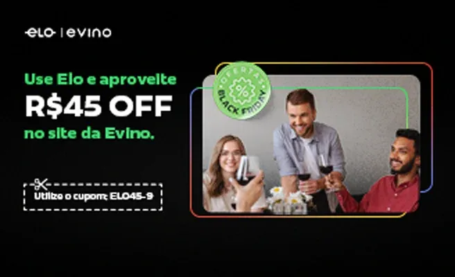 imagem de promoção evino com desconto de R$45 off utilizando o cupom ELO45-9,
