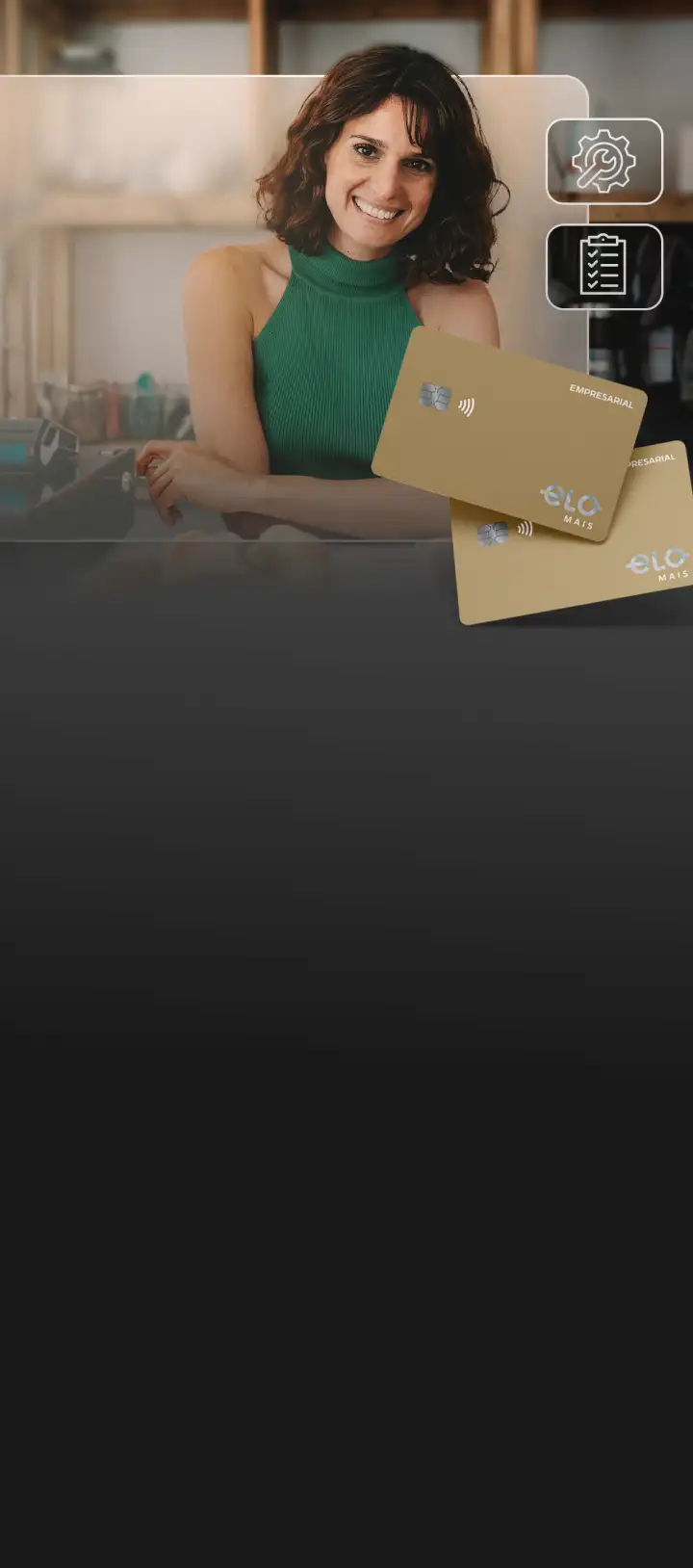 imagem com uma mulher branca com blusa verde e com o cartão elo empresarial mais